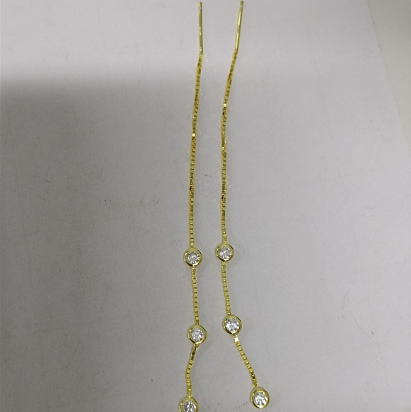 2/$25 Linear Drop Three Stone Cz Trio Gold Threader Dangle Earrings - Picture 4 of 5